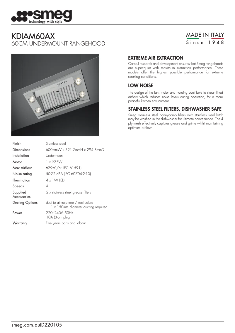 Page 1 de la notice Fiche technique Smeg KDIAM60AX