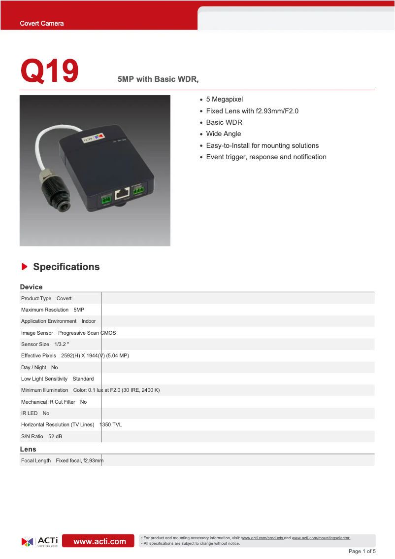 Page 1 de la notice Fiche technique ACTi Q19