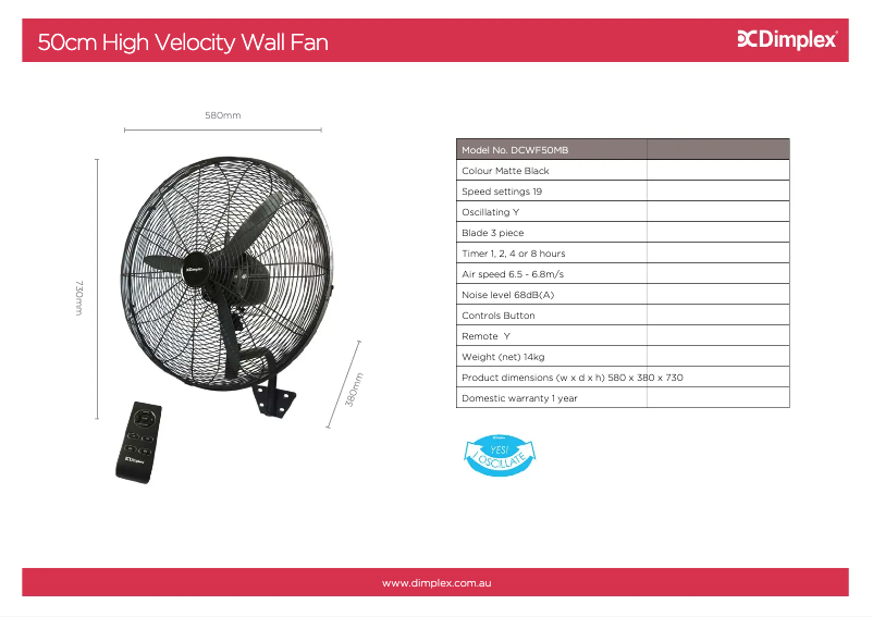 Página 1 del manual Ficha técnica Dimplex DCWF50MB