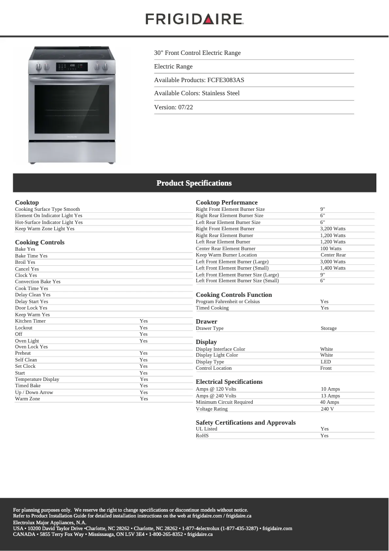 Page n°1 - Fiche technique Frigidaire FCFE3083AS