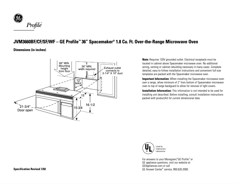 Página 1 del manual Ficha técnica GE Profile JVM3660CF