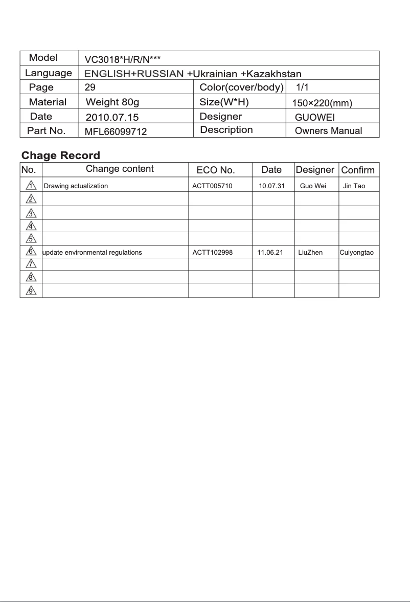 Page n°1 - Manuel utilisateur LG V-K71182RC