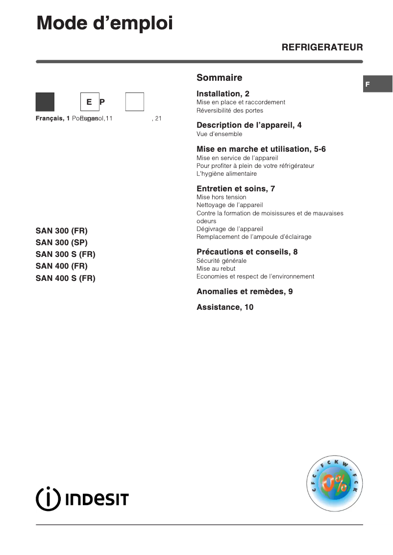 Page 1 de la notice Manuel utilisateur Indesit SAN 300