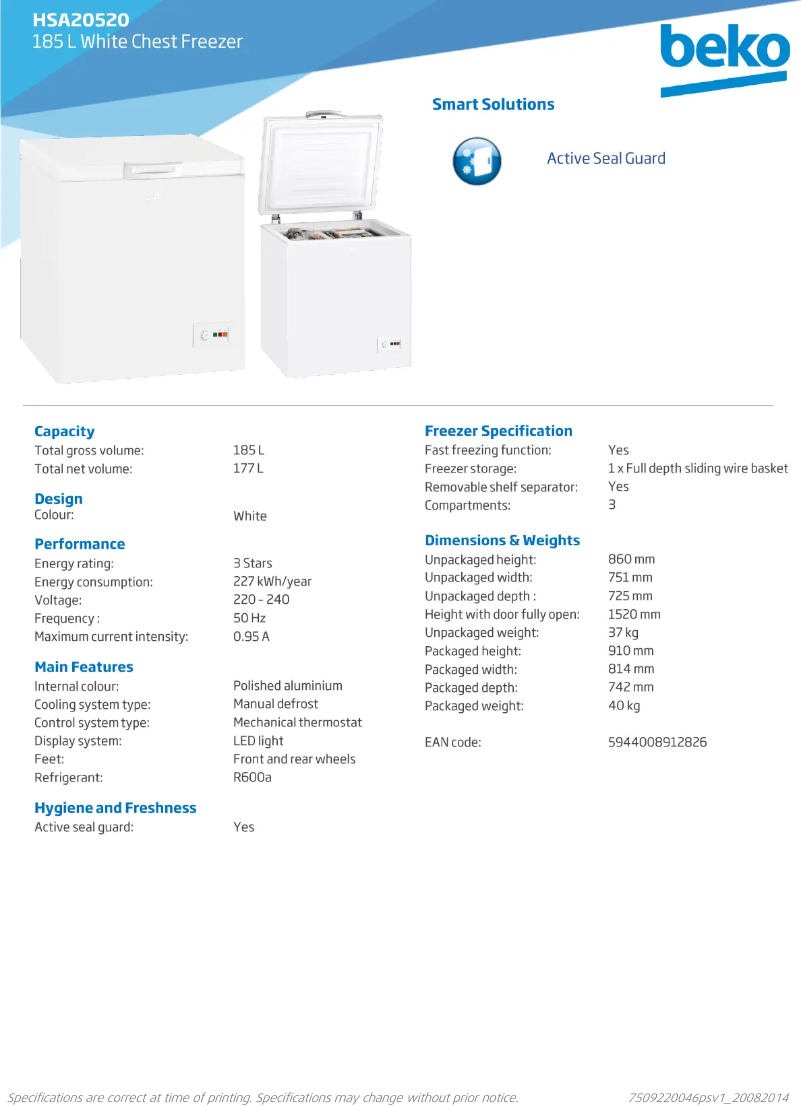 Page 1 de la notice Fiche technique Beko HSA 20520