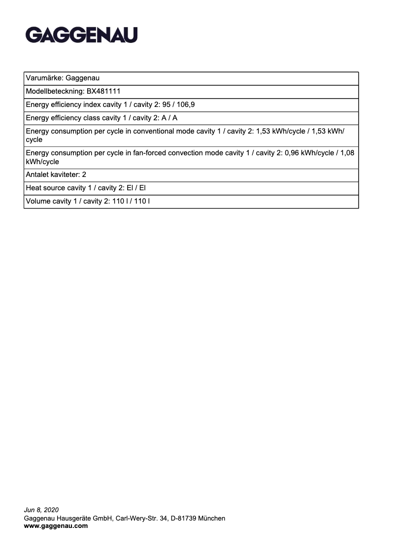 Page 1 de la notice Fiche technique Gaggenau BX481111