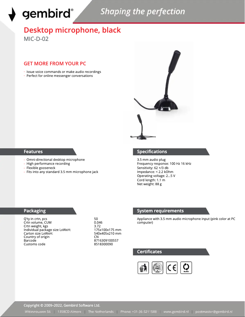 Page 1 de la notice Manuel utilisateur Gembird MIC-D-02