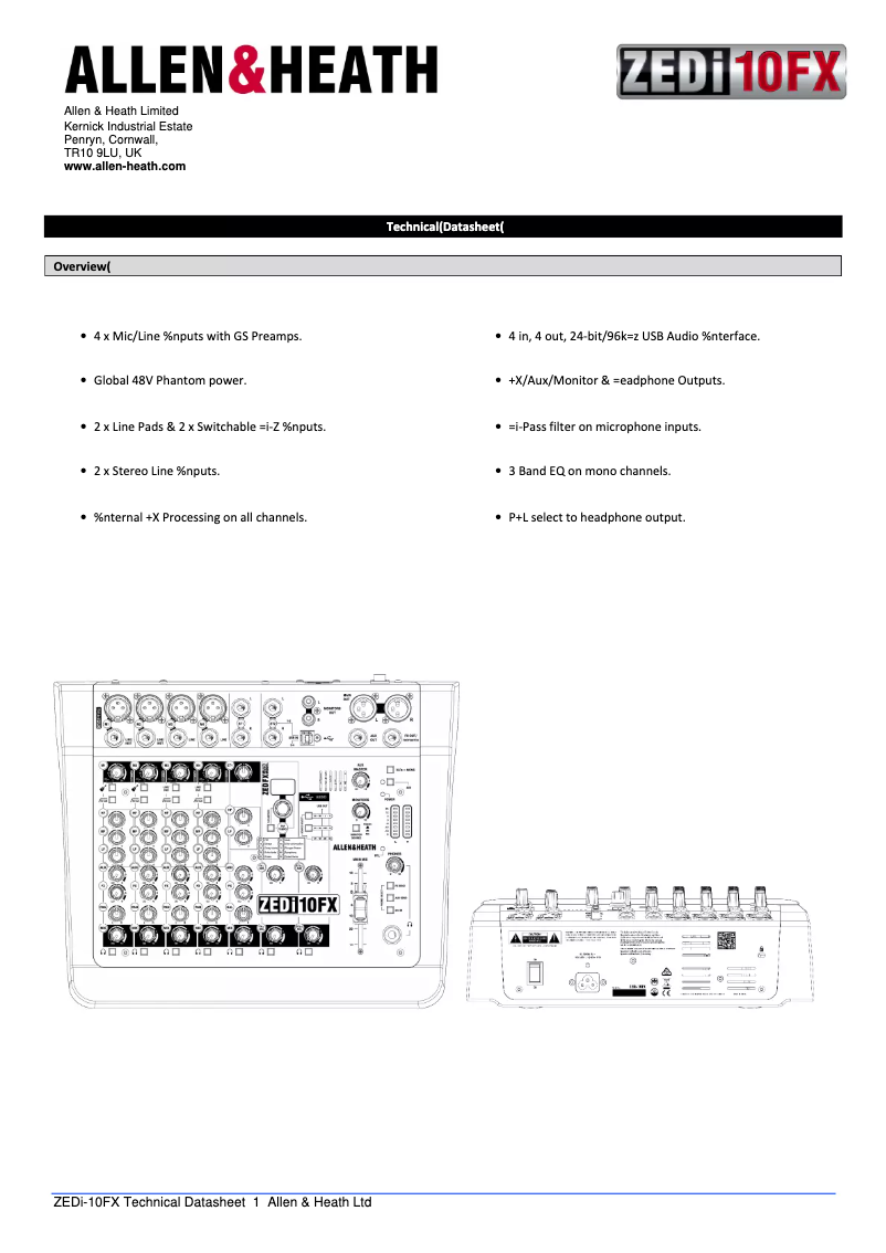 Page n°1 - Fiche technique Allen & Heath ZEDi-10FX