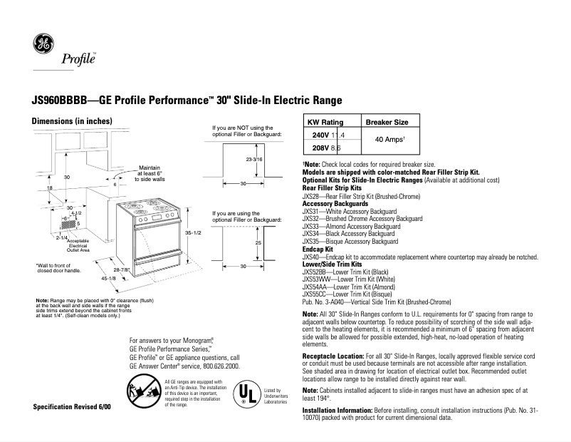 Page 1 de la notice Fiche technique GE Profile Performance JS960BBBB