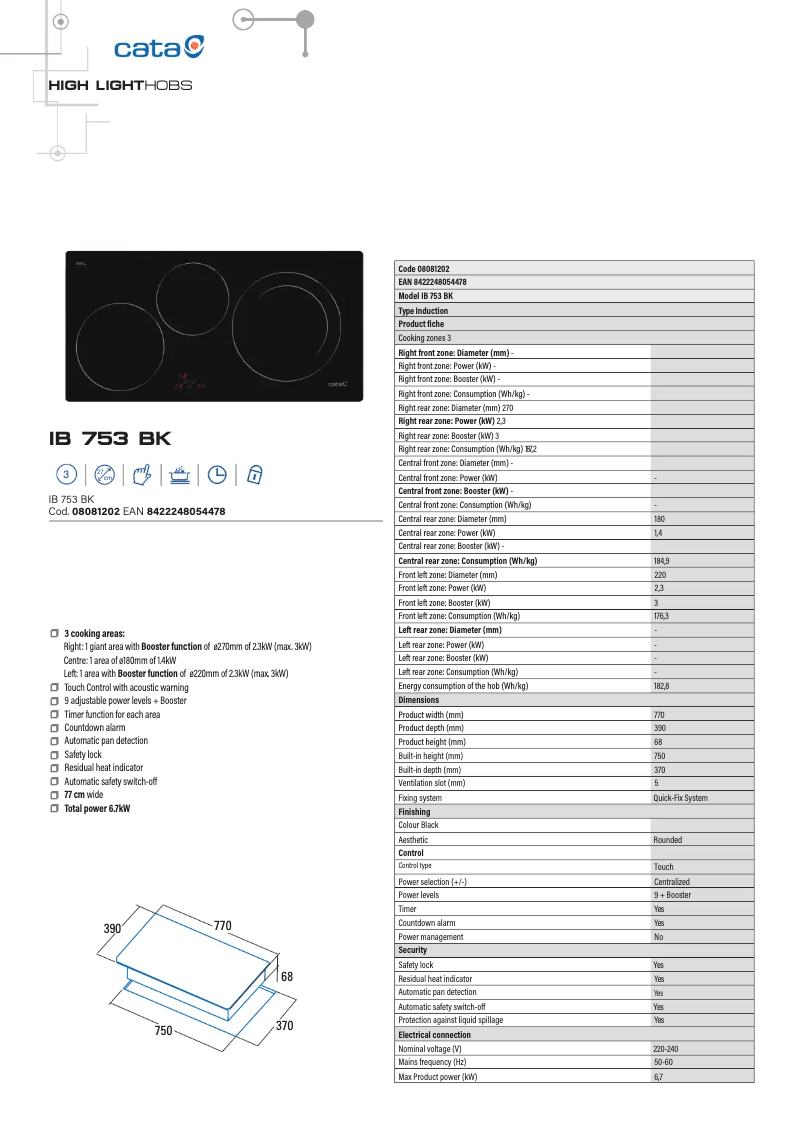 Page 1 de la notice Fiche technique CATA IB 753 BK
