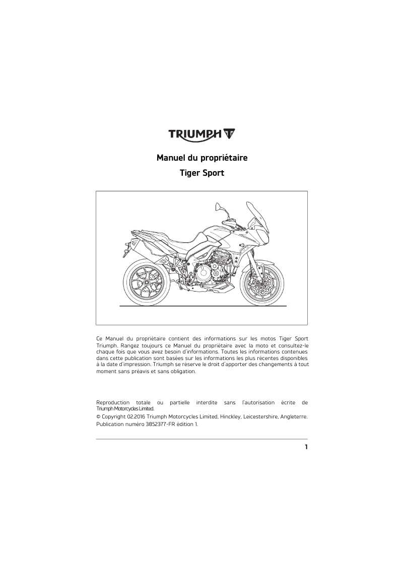 Page 1 de la notice Manuel utilisateur Triumph Tiger Sport (2018)