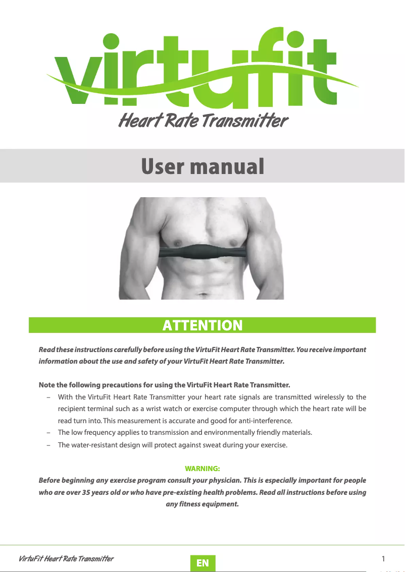 Page n°1 - Manuel utilisateur VirtuFit Heart Rate Transmitter