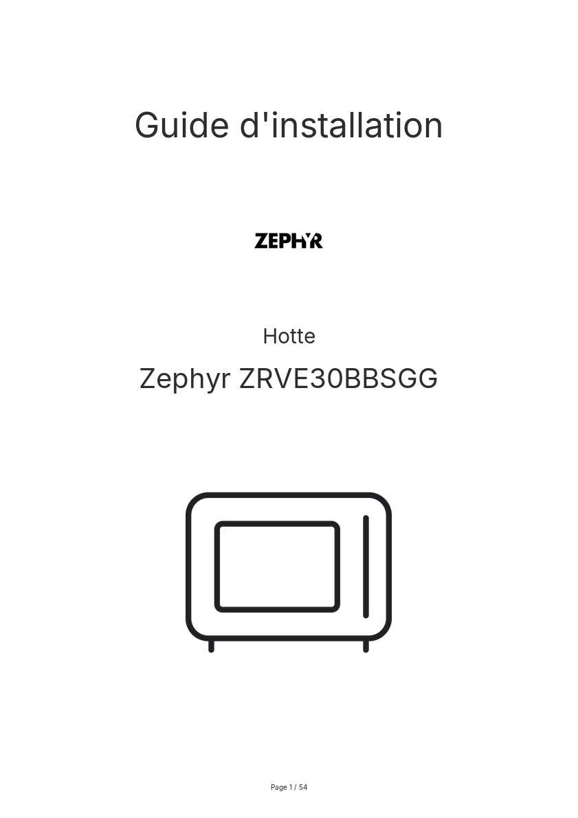 Page n°1 - Guide d'installation Zephyr ZRVE30BBSGG