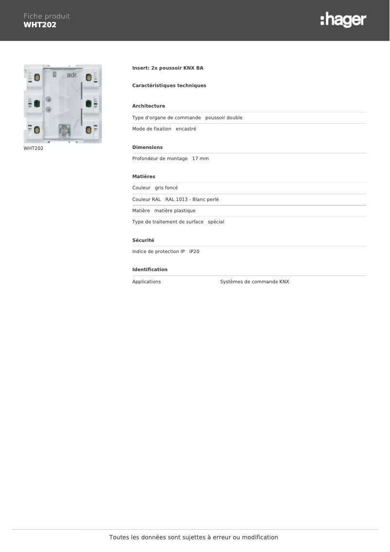 Page n°1 - Fiche technique Hager WHT202