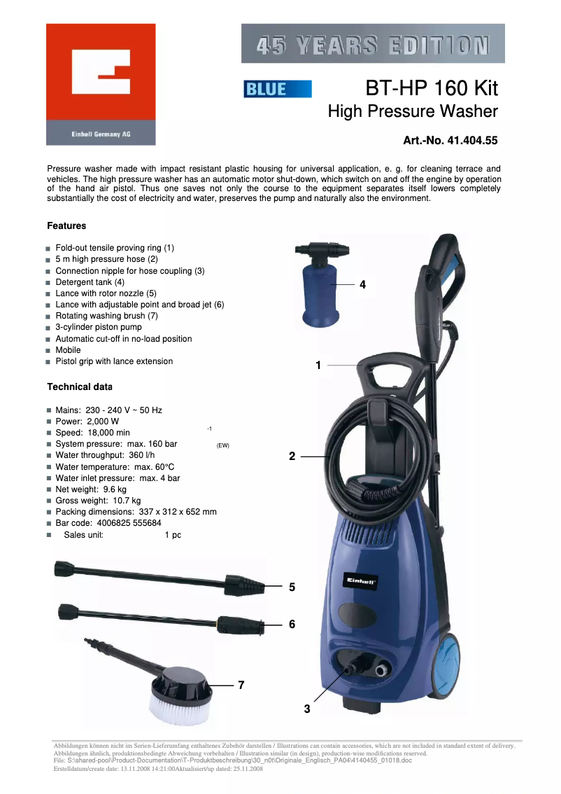 Page 1 de la notice Fiche technique Einhell BT-HP 160 Kit