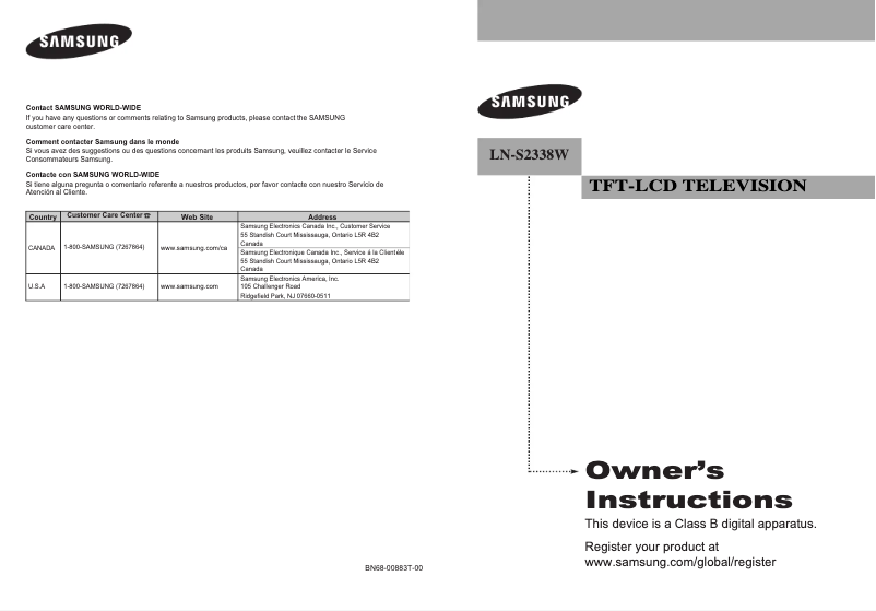 Page 1 de la notice Manuel utilisateur Samsung LN-S2338W