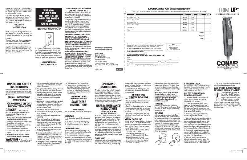 Page 1 de la notice Manuel utilisateur Conair HC18N