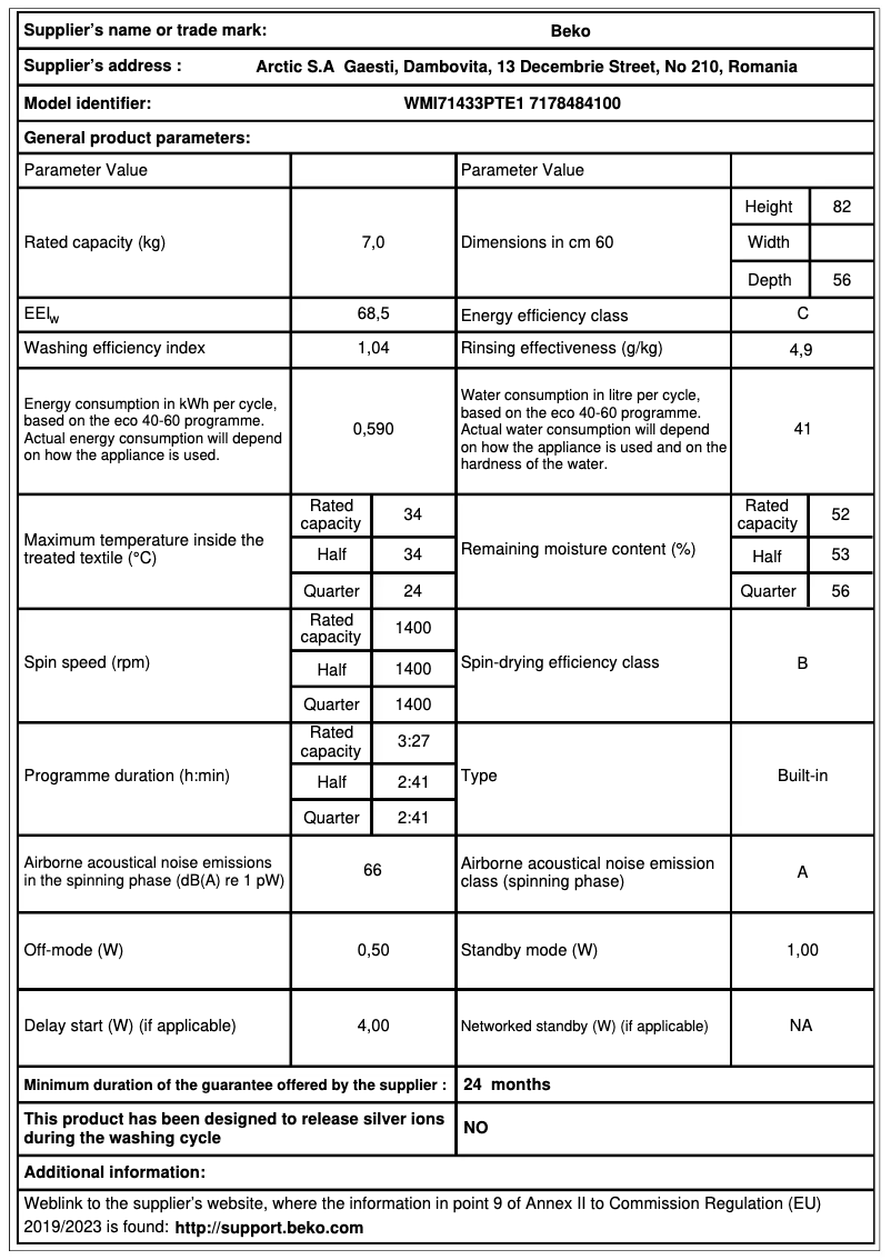 Page 1 de la notice Fiche technique Beko WMI71433PTE1