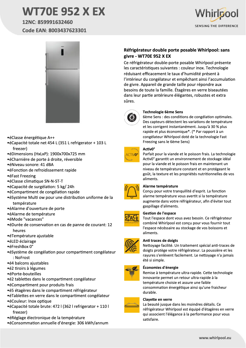 Page 1 de la notice Fiche technique Whirlpool WT70E 952 X