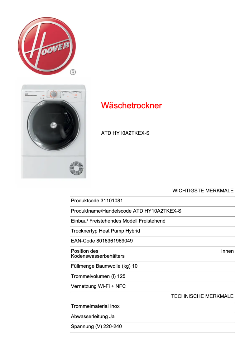 Página 1 del manual Ficha técnica Hoover ATD HY10A2TKEX-S