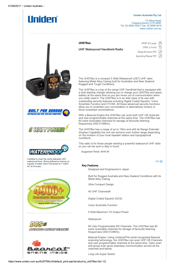 Page 1 de la notice Manuel utilisateur Uniden UH078SX