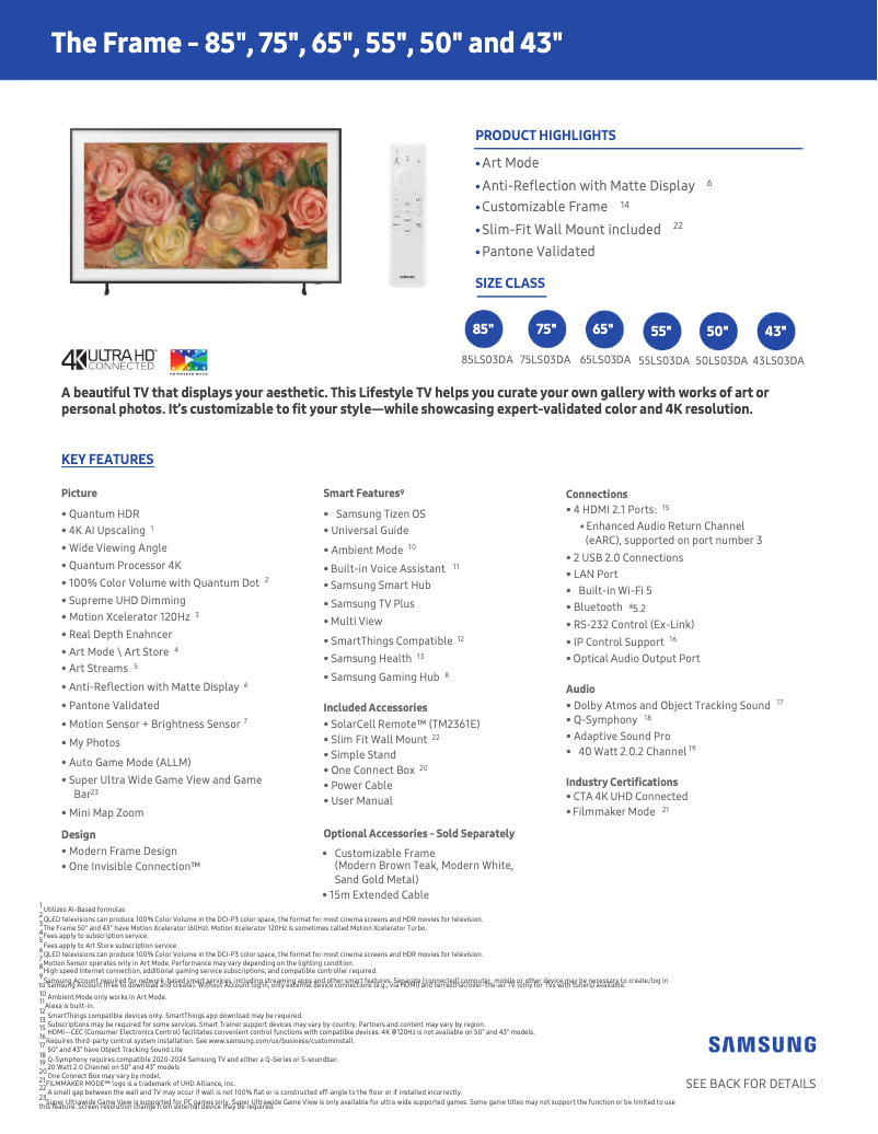 Page 1 de la notice Fiche technique Samsung QN50LS03DAF