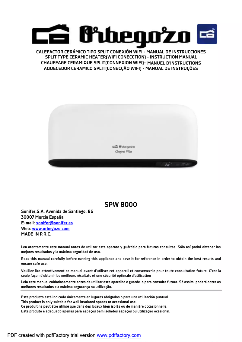 Page 1 de la notice Manuel utilisateur Orbegozo SPW 8000