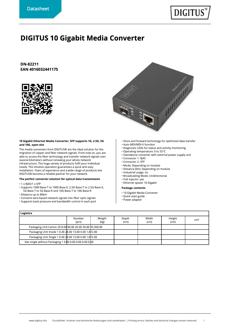 Page n°1 - Fiche technique Digitus DN-82211