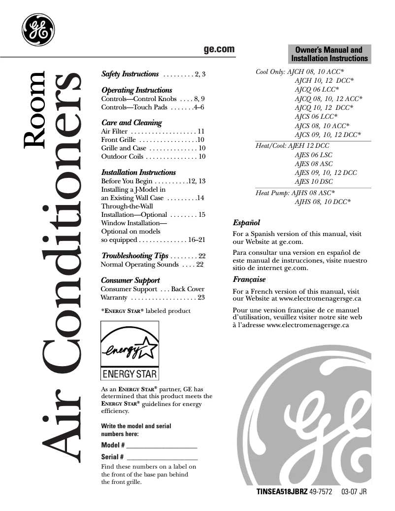 Page n°1 - Guide d'installation GE AJCS12DCC