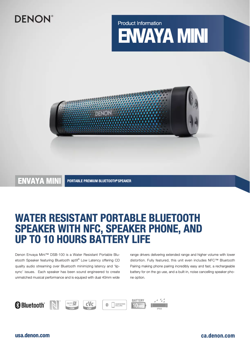 Page 1 de la notice Fiche technique Denon Envaya Mini DSB-100