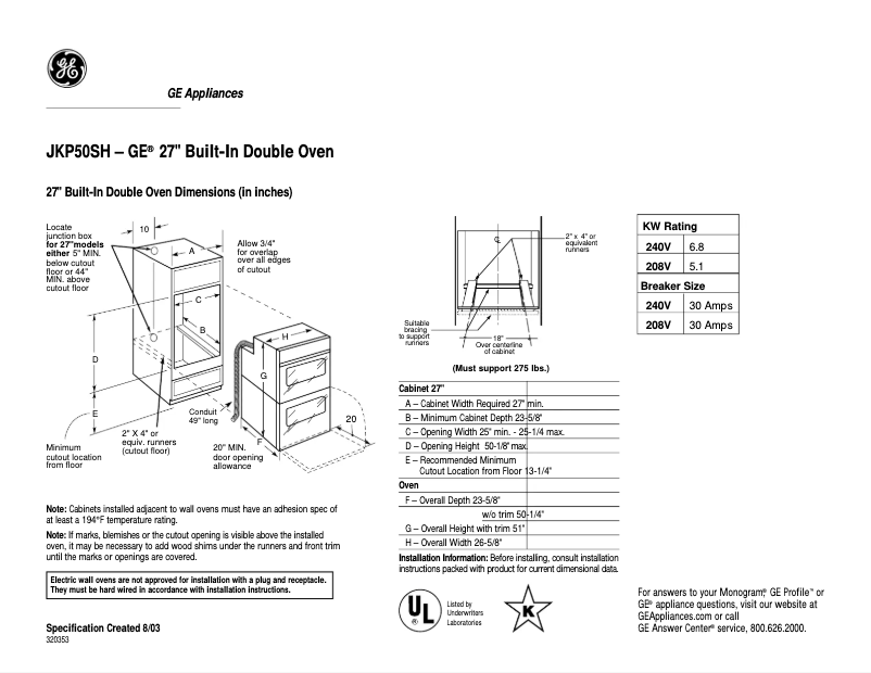 Page n°1 - Fiche technique GE JKP50SHSS
