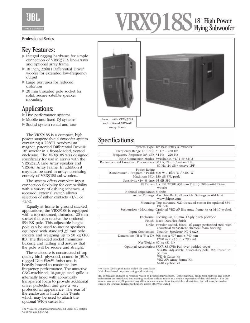 Page 1 de la notice Brochure JBL VRX918S