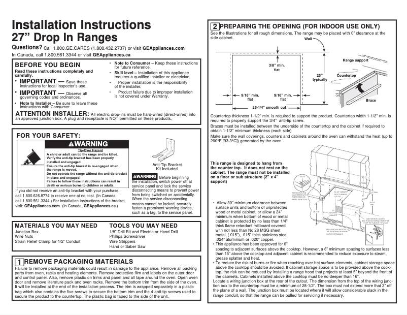 Page n°1 - Guide d'installation GE JM250DTWW