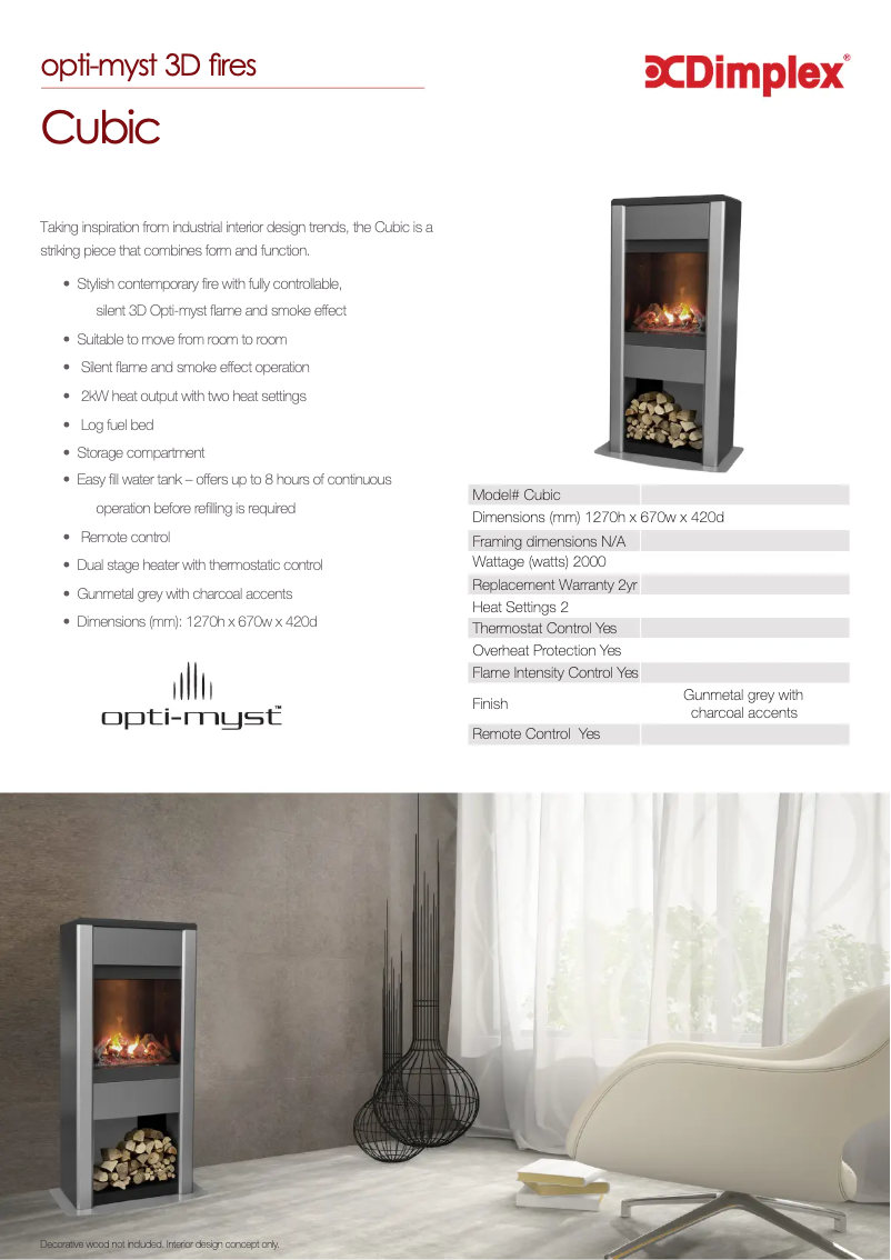 Page 1 de la notice Fiche technique Dimplex Cubic