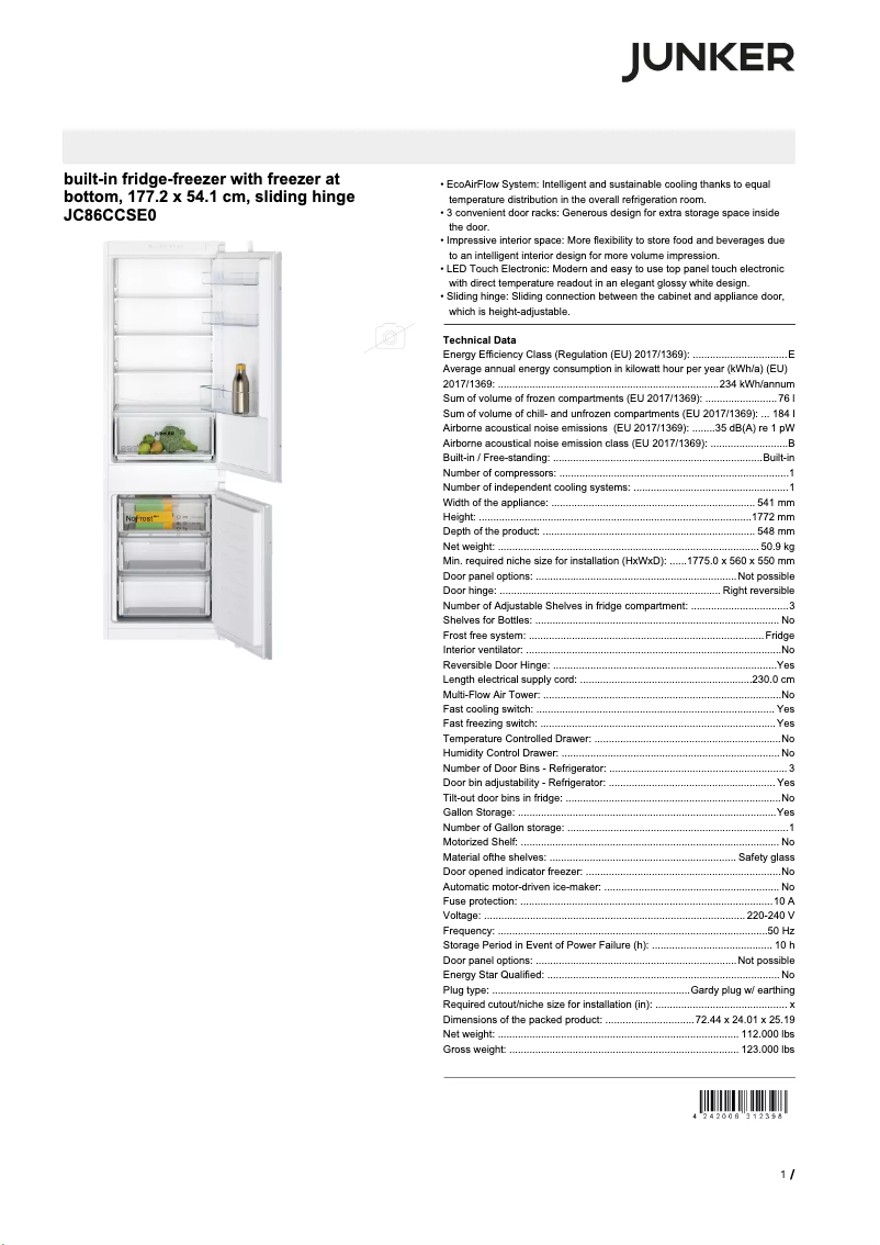 Page 1 de la notice Fiche technique Junker JC86CCSE0