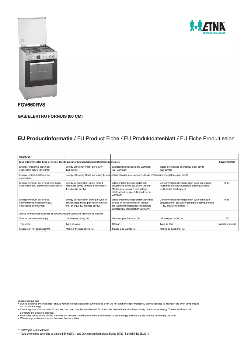 Page 1 de la notice Fiche technique Etna FGV660RVS