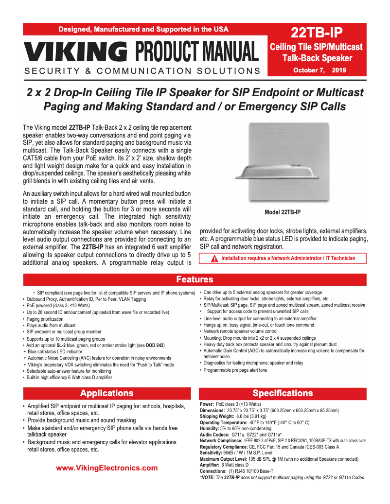 Page n°1 - Manuel utilisateur Viking 22TB-IP