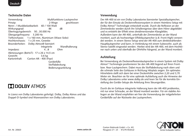 Page 1 de la notice Manuel utilisateur Canton AR-400