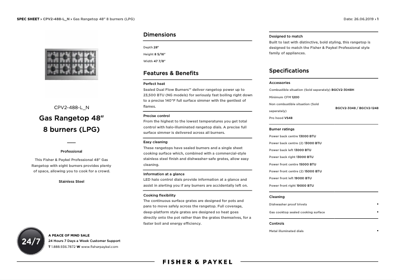 Page n°1 - Fiche technique Fisher & Paykel CPV2-488-L_N