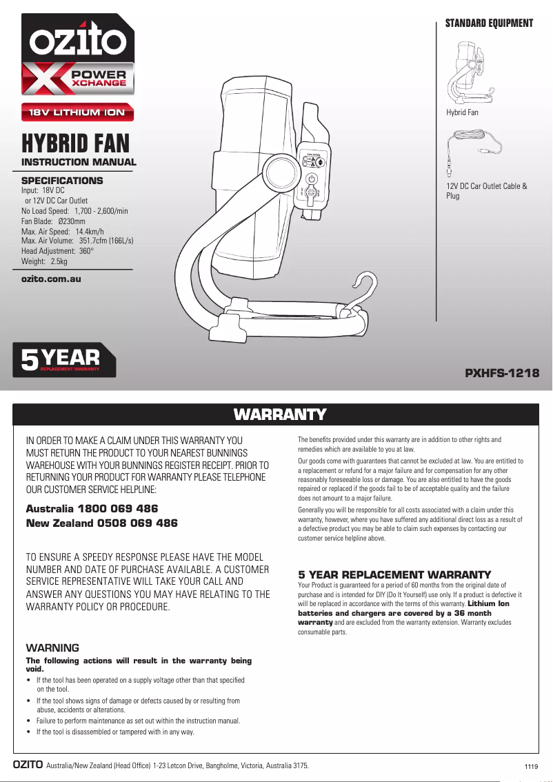 Page 1 de la notice Manuel utilisateur Ozito PXHFS-1218