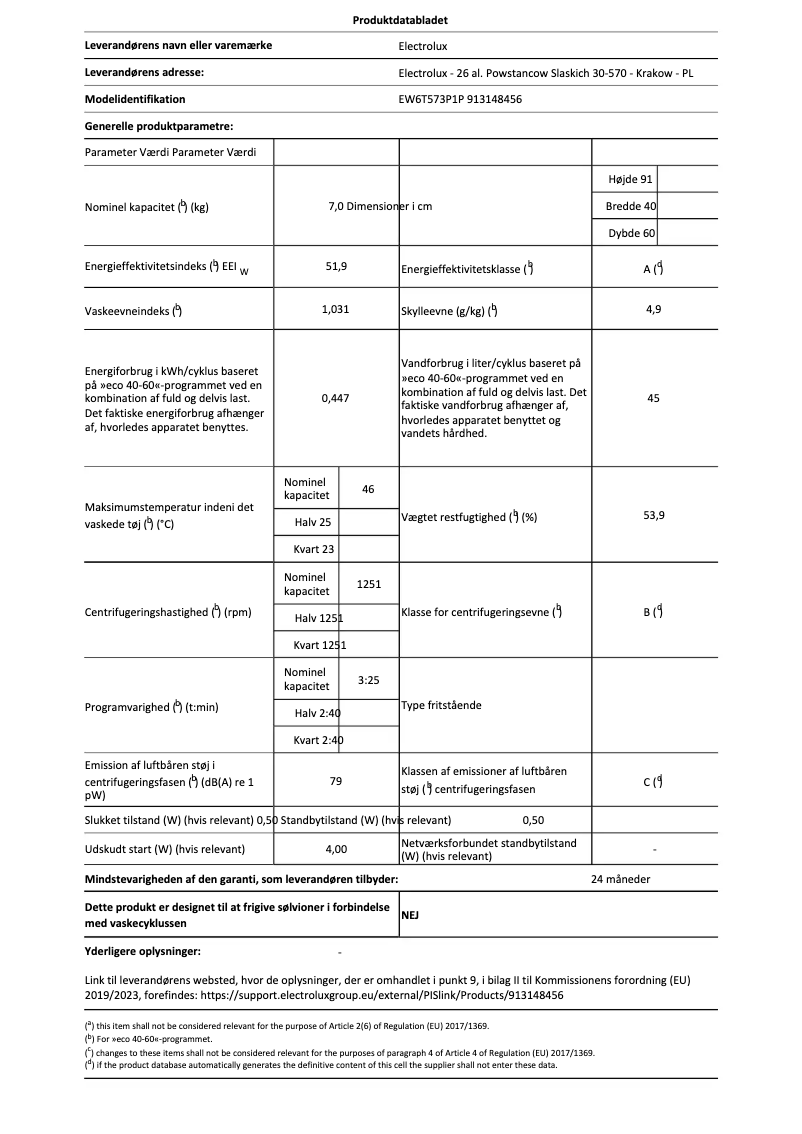 Page 1 de la notice Fiche technique Electrolux EW6T573P1P