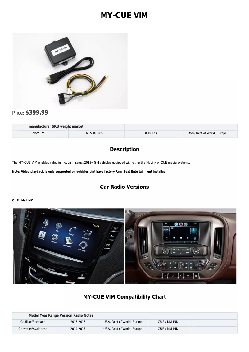 Page n°1 - Fiche technique NAV-TV NVT-KIT495