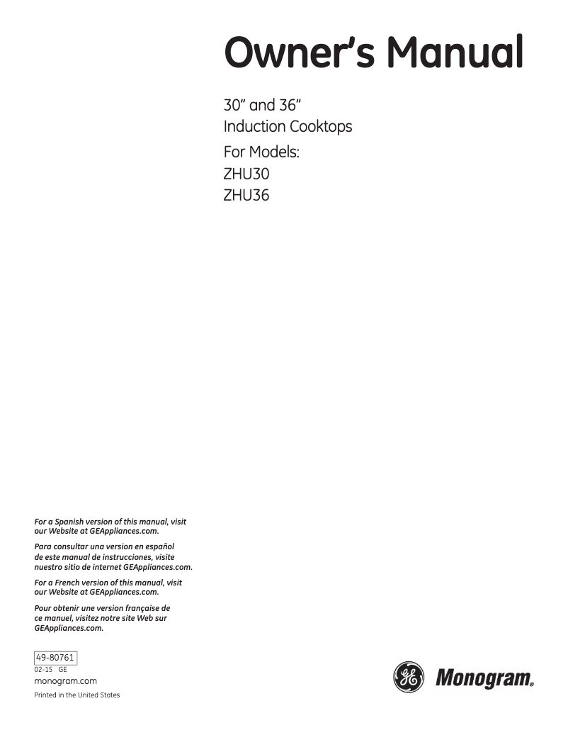 Page 1 de la notice Manuel utilisateur Monogram ZHU30RDJBB