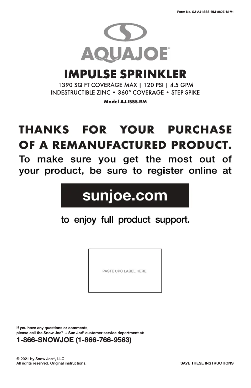 Page 1 de la notice Manuel utilisateur Aqua Joe AJ-ISSS-RM