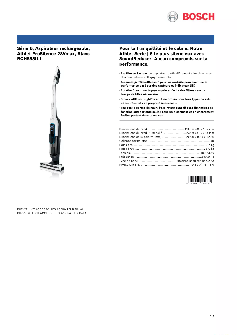 Page 1 de la notice Fiche technique Bosch Athlet ProSilence BCH86SIL1