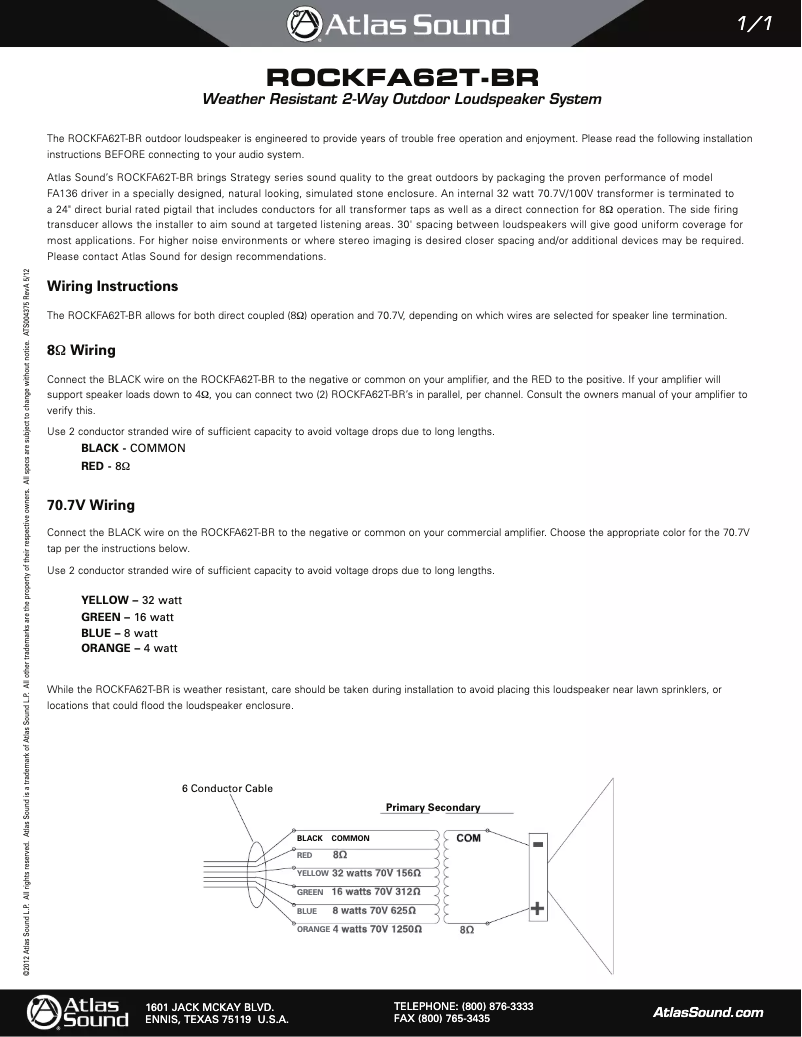 Page 1 de la notice Manuel utilisateur Atlas Sound ROCKFA62T