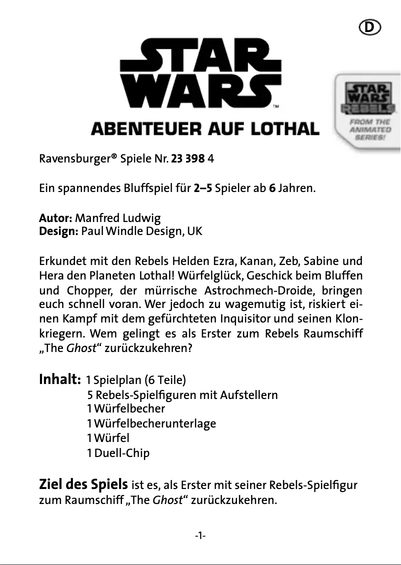 Page 1 de la notice Manuel utilisateur Ravensburger Star Wars Rebels: Rebels Adventure Game