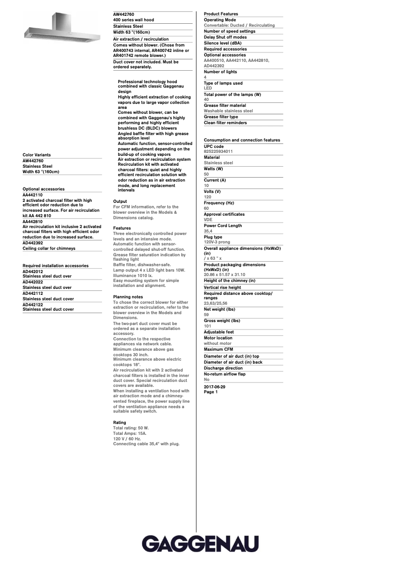 Page 1 de la notice Fiche technique Gaggenau AW 442 760