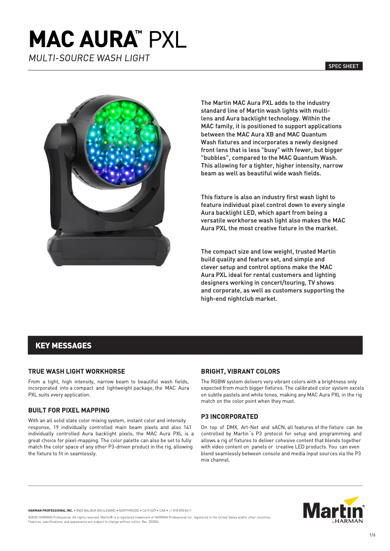 Page 1 de la notice Fiche technique Martin MAC Aura PXL
