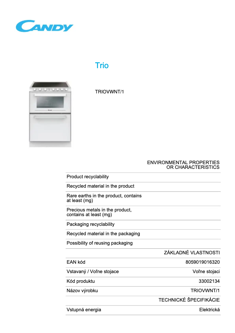 Page 1 de la notice Fiche technique Candy TRIOVWNT/1
