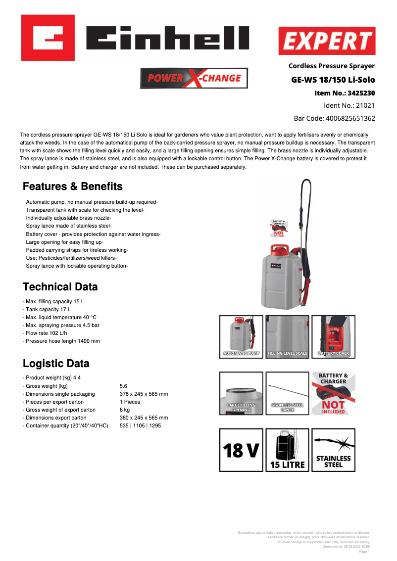 Page n°1 - Fiche technique Einhell GE-WS 18/150 Li-Solo